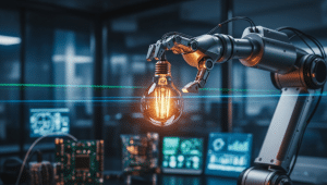 Un braccio robotico regge una lampadina incandescente in un laboratorio high-tech, con schermi di computer e circuiti sullo sfondo, a simboleggiare l'innovazione sostenuta da iniziative come step lazio 2025.