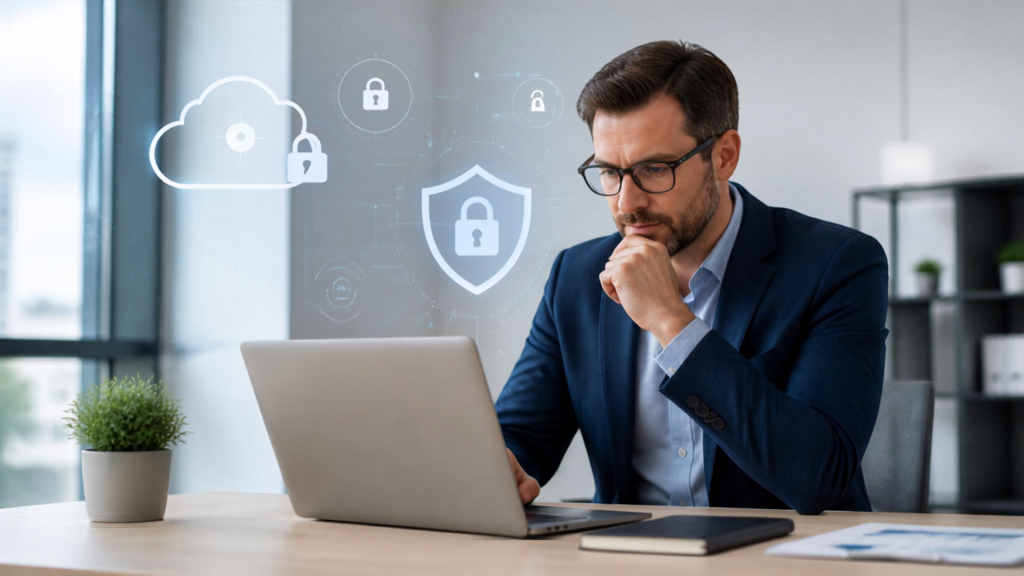 Imprenditore PMI consulta requisiti del Voucher Cloud e Cybersecurity su laptop, icone di sicurezza informatica e cloud computing